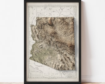 Arizona Map  (1893) - Elevation Map - Map Art - Topographic - Terrain - Relief - Geologic - 3D Effect (Flat Print) - Gift