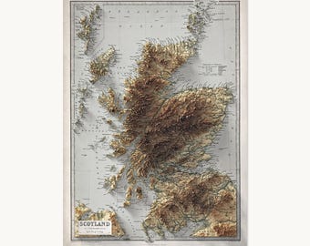 May include: A vintage-style map of Scotland, featuring a 3D topographic view. The map uses a muted color palette of browns and tans to depict the terrain, with the country's name prominently displayed at the bottom. The map is framed with a white border.
