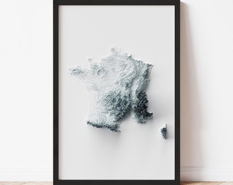 France Minimalist Relief Map - Elevation Map - Map Art - Topographic - Terrain - Relief - Geologic - 3D Effect (Flat Print) - Gift