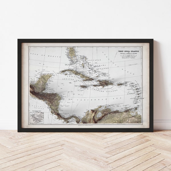 The Caribbean Map  (1904) - Elevation Map - Map Art - Topographic - Terrain - Relief - Geologic - 3D Effect (Flat Print) - Gift