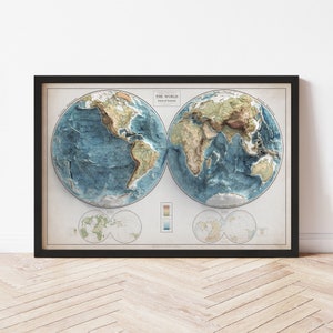 World Map  (1917) - Elevation Map - Map Art - Topographic - Terrain - Relief - Geologic - 3D Effect (Flat Print) - Gift