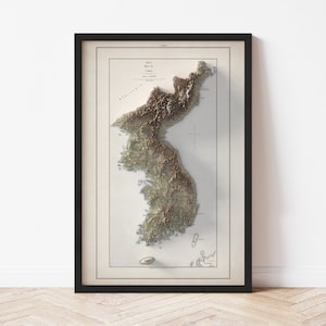 Korea Topographic Map Poster | 1913 Vintage Replica | Giclee Wall Art Print | Framed Home Decor | 3D Relief Illusion