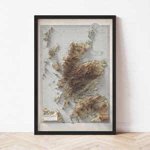 Scotland Topographic Map Poster | 1871 Vintage Replica | Giclee Wall Art Print | Framed Home Decor | 3D Relief Illusion