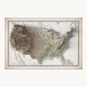 May include: A vintage-style map of the United States featuring a prominent three-dimensional relief effect. The western mountain ranges are rendered in dark brown tones, while the central and eastern regions appear in lighter, muted earth colors.