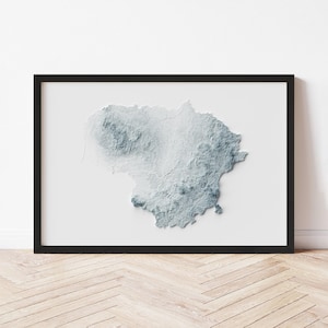 May include: A framed, three-dimensional map of Lithuania, rendered in shades of blue and white. The map is set against a white background and framed in a black border. The artwork is displayed on a light-colored wooden floor.