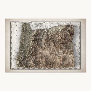 May include: A vintage-style topographical map of Oregon featuring a three-dimensional relief effect. The map displays detailed mountain ranges and terrain in shades of brown and tan, overlaid on a classic grid with the text Rand, McNally & Co's Oregon.
