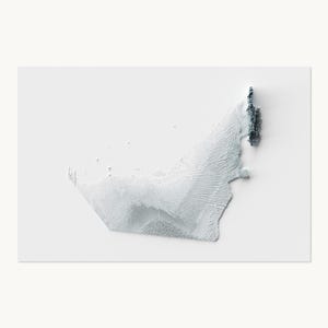 May include: A three-dimensional topographic map of the United Arab Emirates rendered in white with subtle gray shading. The relief map displays the varied terrain and coastline of the region with a textured surface against a plain white background.