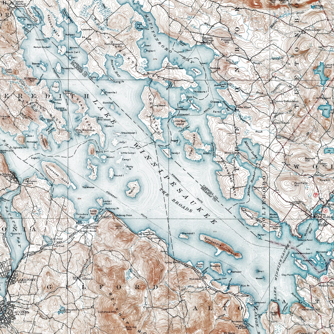 Lake Winnipesaukee Map Historic Topographic Map 1909 | Etsy