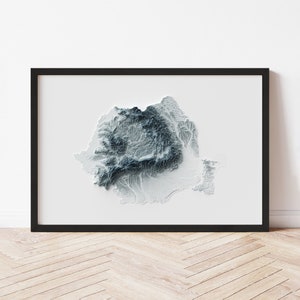 Romania Minimalist Relief Map - Elevation Map - Map Art - Topographic - Terrain - Relief - Geologic - 3D Effect (Flat Print) - Gift