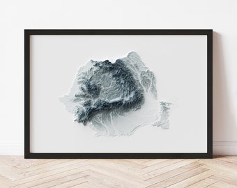 Romania Minimalist Relief Map - Elevation Map - Map Art - Topographic - Terrain - Relief - Geologic - 3D Effect (Flat Print) - Gift