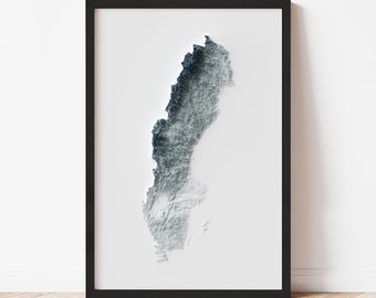 Sweden Minimalist Relief Map - Elevation Map - Map Art - Topographic - Terrain - Relief - Geologic - 3D Effect (Flat Print) - Gift