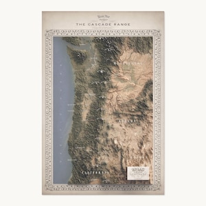 May include: A relief map of The Cascade Range featuring a detailed topographical view of the Pacific Northwest coastline, including Washington, Oregon, and California. The map is framed by an ornate border and includes the text Atlas of the World.