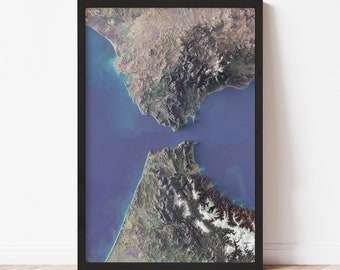 Strait of Gibraltar Map - Satellite - Elevation Map - Map Art - Topographic - Terrain - Relief - Geologic - 3D Effect - Gift