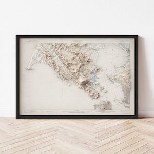 Marin County Topographic Map Poster | 1915 Vintage Replica | Giclee Wall Art Print | Framed Home Decor | 3D Relief Illusion