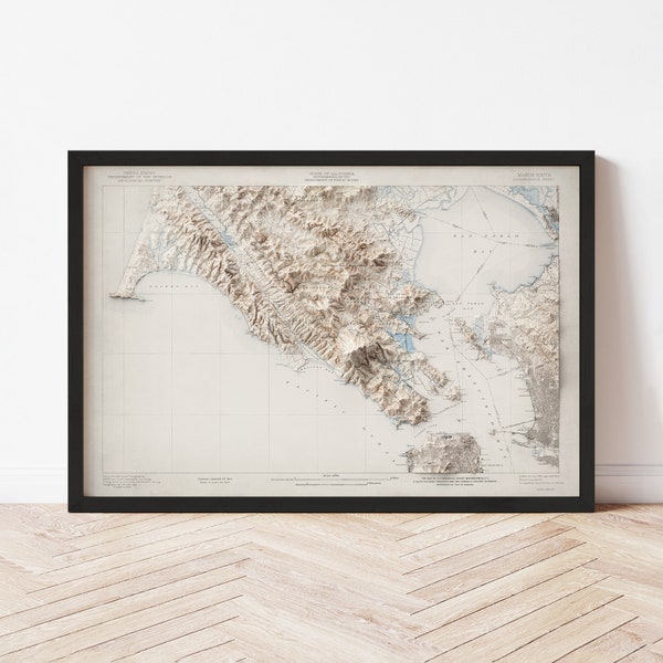 Marin County Map (Southern)  (1915) - Elevation Map - Map Art - Topographic - Terrain - Relief - Geologic - 3D Effect (Flat Print) - Gift