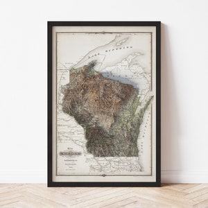 Wisconsin Map  (1878) - Elevation Map - Map Art - Topographic - Terrain - Relief - Geologic - 3D Effect (Flat Print) - Gift