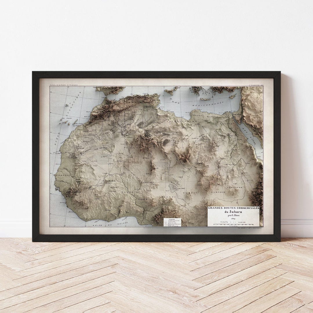 Sahara Desert Poster | Topographic Map Print (1889 Reproduction) | Flat