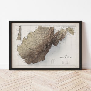 West Virginia Map  (1958) - Elevation Map - Map Art - Topographic - Terrain - Relief - Geologic - 3D Effect (Flat Print) - Gift