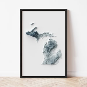 Michigan Minimalist Relief Map - Elevation Map - Map Art - Topographic - Terrain - Relief - Geologic - 3D Effect (Flat Print) - Gift