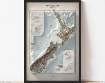 New Zealand Map  (1922) - Elevation Map - Map Art - Topographic - Terrain - Relief - Geologic - 3D Effect (Flat Print) - Gift