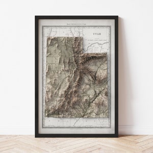 Utah Map  (1889) - Elevation Map - Map Art - Topographic - Terrain - Relief - Geologic - 3D Effect (Flat Print) - Gift