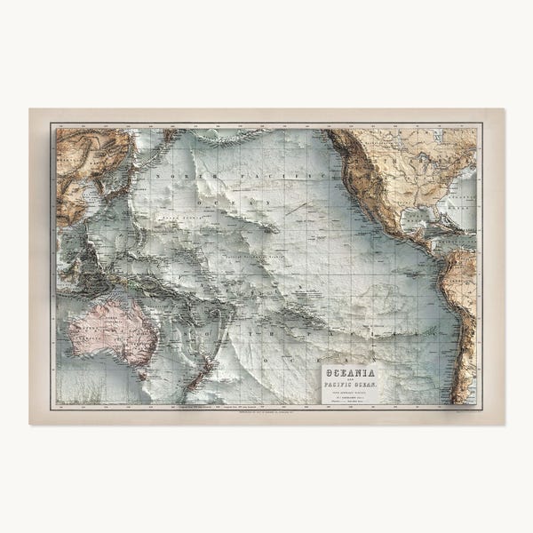 Pacific Ocean Map | Topographic Shaded Relief Map (1884 Reproduction) | Flat Prints That Look 3D!