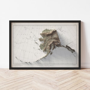 Alaska Map  (1949) - Elevation Map - Map Art - Topographic - Terrain - Relief - Geologic - 3D Effect (Flat Print) - Gift