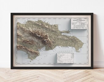 Dominican Republic Poster | Topographic Map Print (1910 Reproduction) | Flat Prints That Look 3D!