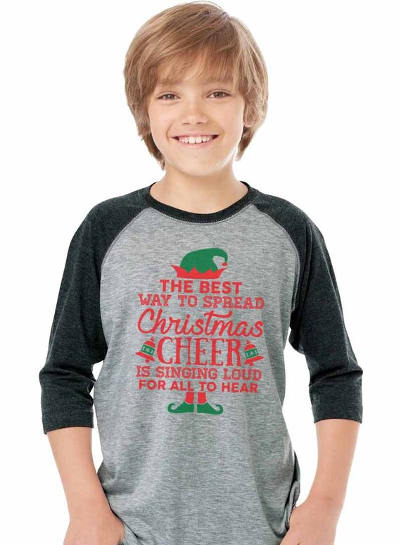 CHRISTMAS CHEER Raglan 3//4 baseball T-shirt singing loud Elf buddy holiday tee