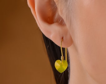 Yellow Heart Dangle Earrings, Heart Silver Earrings, Handmade Minimalist Earrings, Dainty Swarovski Earrings, Gemstone Jewelry, Women Gift