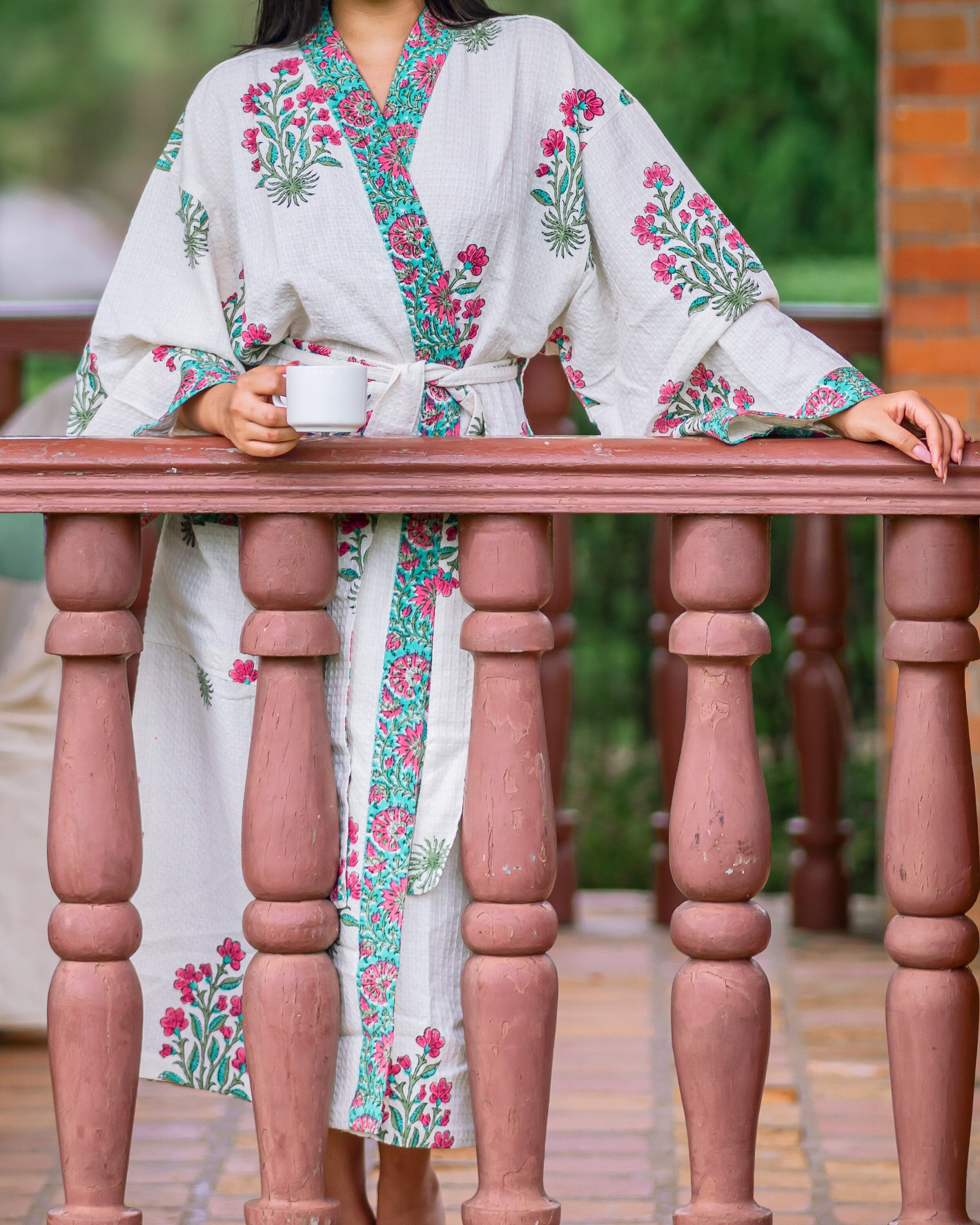 Hand block printed Cotton Long Kimono Bathrobe Spa Robe Pool side gown maxi  Night wear Dress for Women.