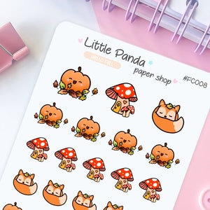 Hello Fall Pumpkin, Mushroom & Fox  Planner Stickers – Cute Planner Stickers for Planners, Journal, diary – Kawaii Planner Stickers – FC008