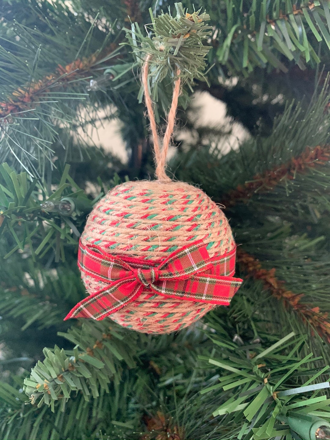 Handmade Christmas Round Ornament Twine and Red Bow - Etsy