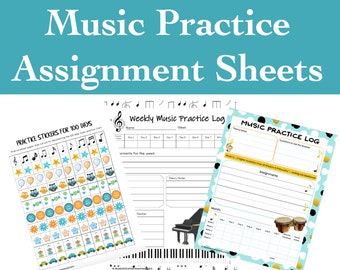 Pode incluir: Um conjunto de registos de prática musical imprimíveis para crianças. Os registos apresentam diferentes temas, incluindo um piano, um conjunto de bateria e uma nota musical. O conjunto também inclui uma folha de 100 autocolantes com vários desenhos, como estrelas, notas musicais e corujas.