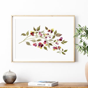 Autumn Watercolor Art Print, Watercolor Berries Print, Fall Berry Branch Decor