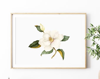 Watercolor Botanical Fine Art Print, Watercolor Magnolia Print, White Watercolor Magnolia Decor, Vertical or Horizontal Art