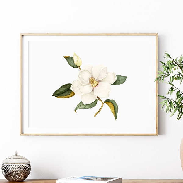 Watercolor Botanical Fine Art Print, Watercolor Magnolia Print, White Watercolor Magnolia Decor, Vertical or Horizontal Art