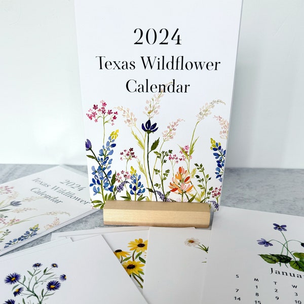 2024 Desk Calendar, Texas Wildflower Calendar, 5 x 7 inch Watercolor Flower Calendar with stand