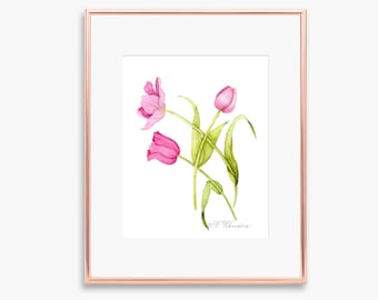 Pink Tulip Watercolor Art Print: Botanical Floral Wall Decor