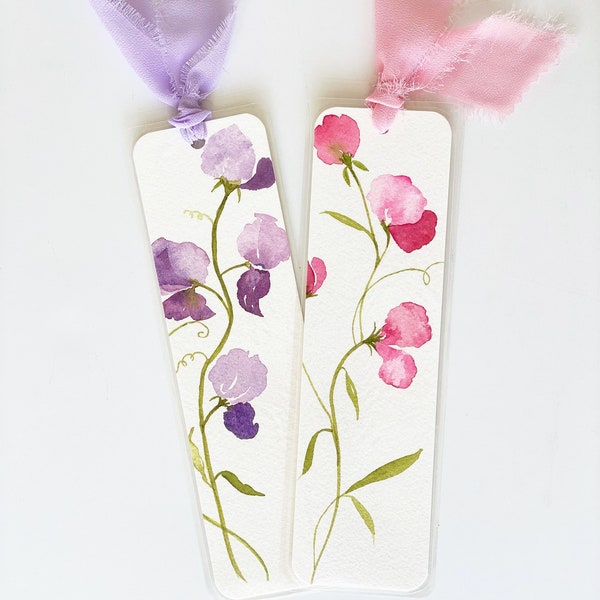 Watercolor Bookmarks, Floral Bookmark Set,  Handpainted Bookmarks, Sweet Pea Art