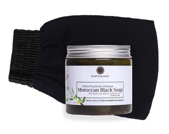 Moroccan Black Soap with Eucalyptus Oil Spa Set with Exfoliating Kessa Mitt  | Moroccan Skincare | Luxury Soap Set Spa Gift Set