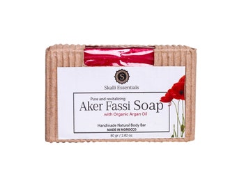 Pure Moroccan Argan Oil Handcrafted Soap with Aker Fessi Plant Powder | Vegan Face Soap Bar with Poppy Extract and Pomegranate Bark