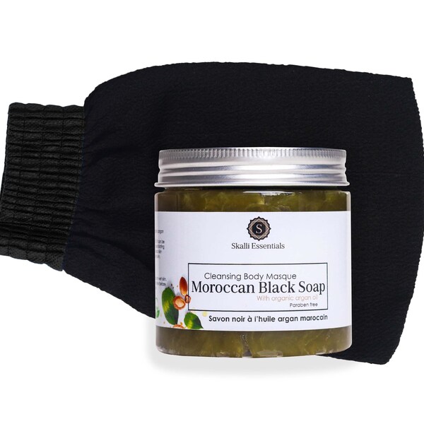 Moroccan Black Soap with Argan Oil Spa Set with Exfoliating Glove Included | Hammam Set for Soft Skin | Spa Gift Set