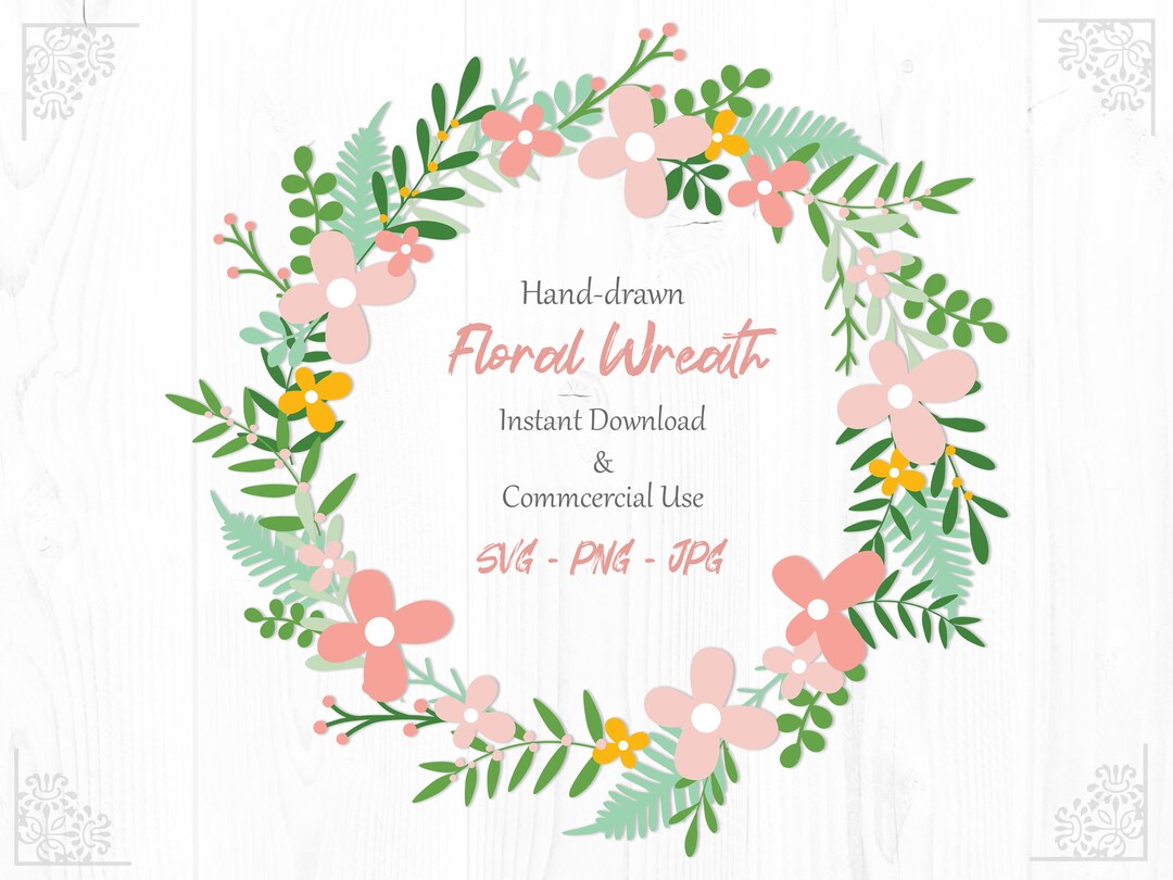 Hand-drawn Floral Wreath, SVG, PNG, JPG, Digital Cut File, Commercial