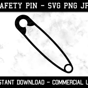 May include: Black and white graphic of a safety pin. The pin is a simple, bold outline against a marbled background. Text at the top reads "SAFETY PIN - SVG PNG JPG" and at the bottom "INSTANT DOWNLOAD - COMMERCIAL USE."