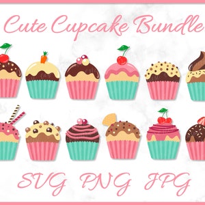 May include: A set of 12 cute cupcake illustrations in various colours and designs. The cupcakes are decorated with sprinkles, cherries, chocolate chips, and other toppings. The illustrations are perfect for use in digital projects, such as scrapbooking, card making, and web design.  SVG PNG JPG