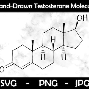 May include: A hand-drawn illustration of the testosterone molecule. The molecule is depicted as a series of connected rings with various chemical groups attached. The illustration is in black and white and is set against a white marble background.