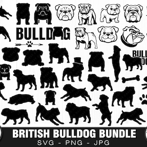 May include: A collection of black and white bulldog illustrations in various poses and styles. The word "BULLDOG" is prominently displayed, along with the text "BRITISH BULLDOG BUNDLE". Includes silhouettes, line drawings, and a paw print.
