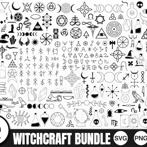 Peut inclure: Une collection numérique d'icônes en noir et blanc représentant des symboles occultes, mystiques et ésotériques, incluant lunes, cristaux, potions, runes, chats, crânes et signes astrologiques, avec le texte WITCHCRAFT BUNDLE SVG PNG JPG.