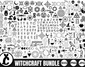 May include: A digital collection of black and white line art icons featuring occult, mystical, and esoteric symbols including moons, crystals, potions, runes, cats, skulls, and astrological signs, with the text WITCHCRAFT BUNDLE SVG PNG JPG.